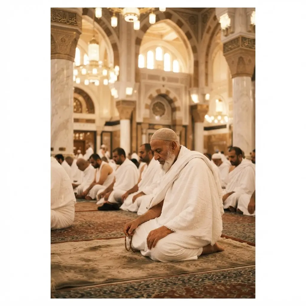 Pilgrims praying peacefully inside a grand mosque