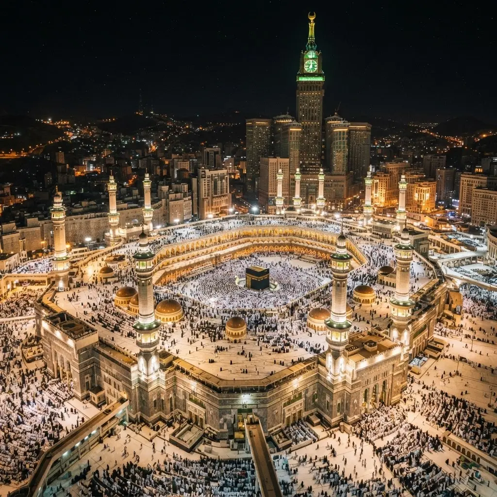 Aerial view of Masjid al-Haram in Makkah at night